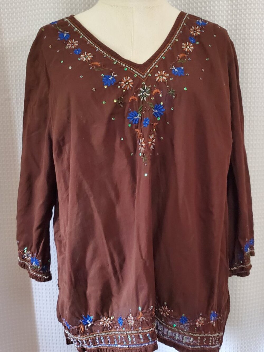 Bill Blass Jeanswear Cotton Brown Tunic Blouse Womens Boho Embroidered Plus 1X